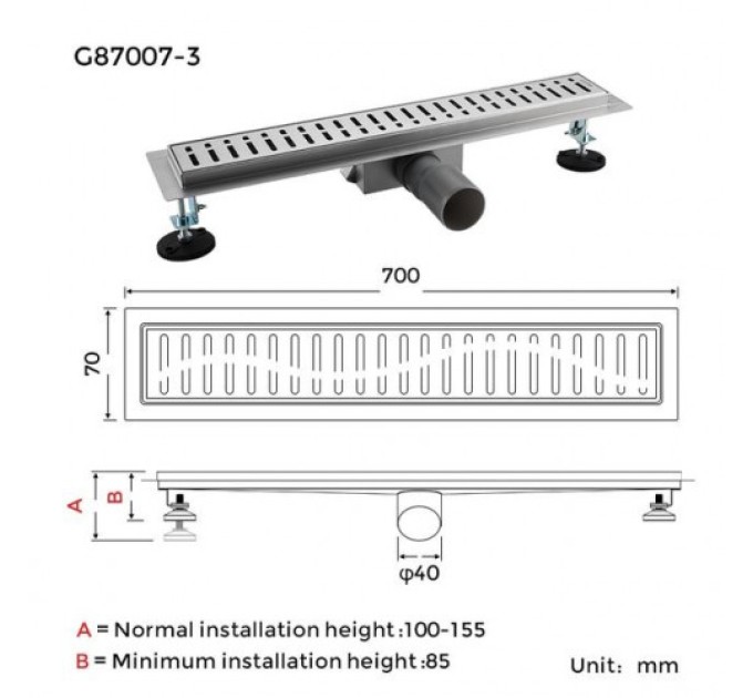 Трап для душу GAPPO G87007-3, 70х700 мм, нержавіюча сталь