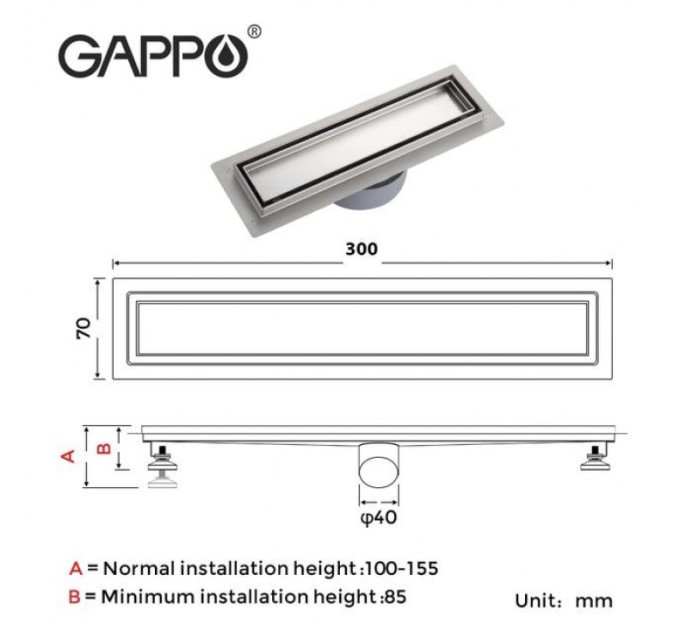 Душовий трап під плитку GAPPO G83007-4, 70х300 мм, нержавіюча сталь