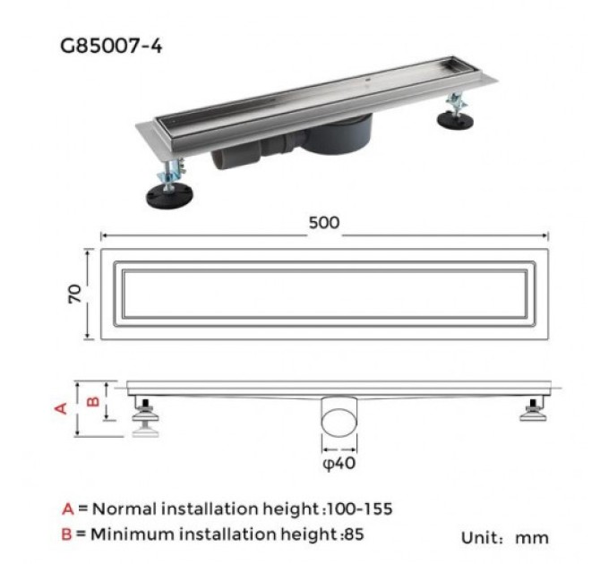 Трап для душу під плитку GAPPO G85007-4, 70х500 мм, нержавіюча сталь