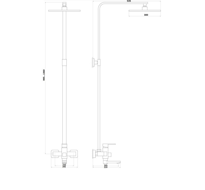 Душова система Globus Lux VAN-DS0026 Milano Лійка Тропік30*30см нерж з виливом латунь-Штанга H=150см