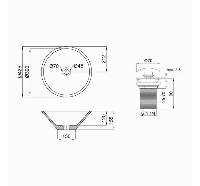 Раковина-чаша Qtap Amazon 425х425х155 White з донним клапаном QT0211K70W