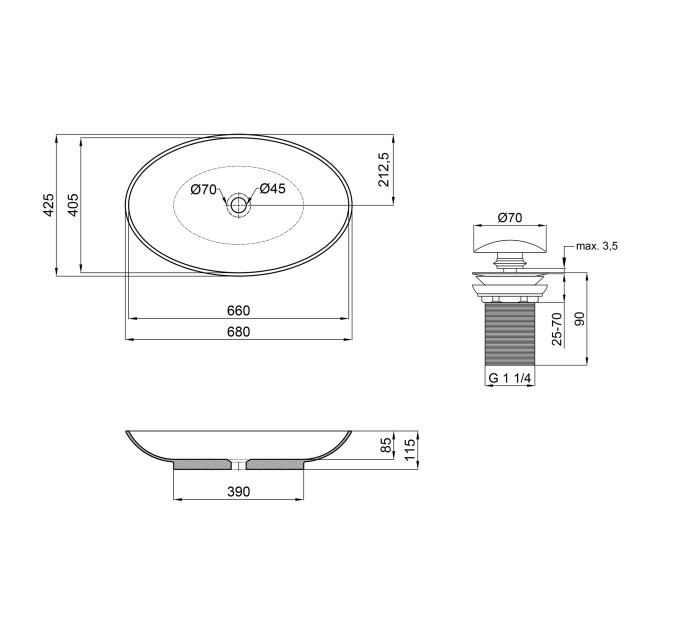 Раковина-чаша Qtap Dove 680х420х120 White з донним клапаном QT0611K160W