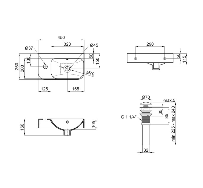 Раковина Qtap Tern 450х260х155 Matt black з донним клапаном QT17115117LMB