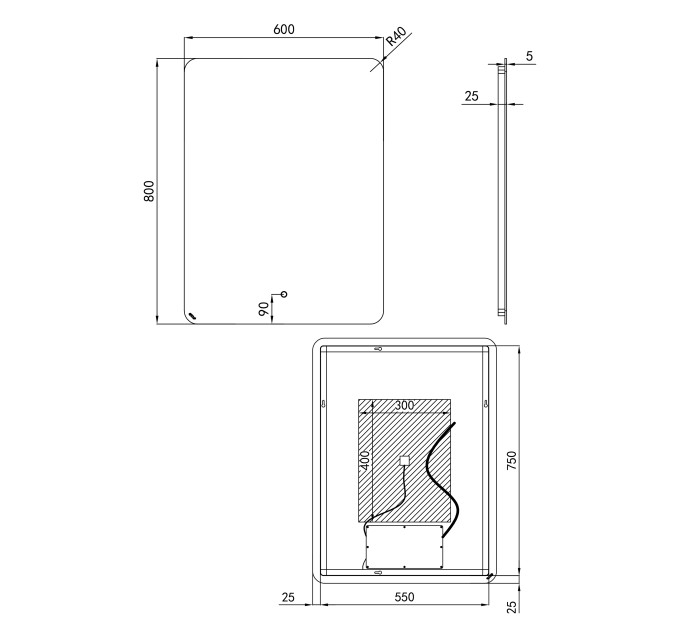 Дзеркало Qtap Scorpio 800х600 з LED-підсвічуванням Touch, з антизапотіванням, з димером, рег. темп. кольору (3000-6500K) Reverse QT14781003W