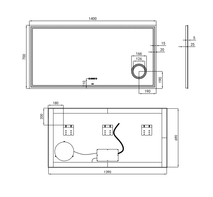 Дзеркало Qtap Stork 1400х700 з LED-підсвічуванням Touch, лінза, цифровий годинник, димер, рег. яскравості QT1578142270140W