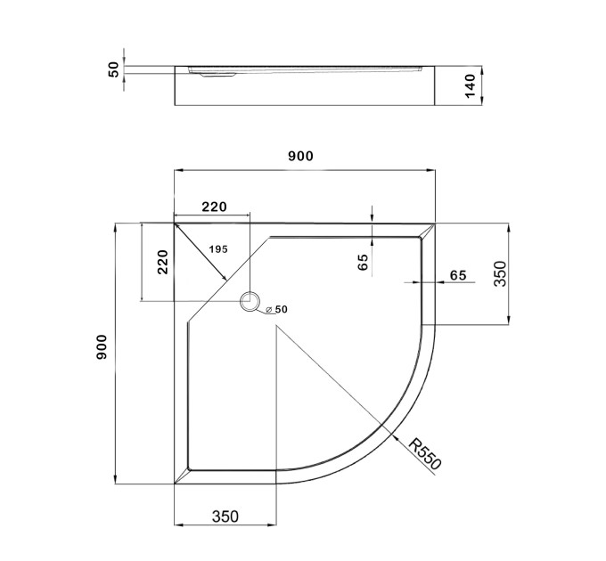 Душовий піддон Kapielka ST90x90x14 низький, напівкруглий, діаметр зливу 52 мм Lidz