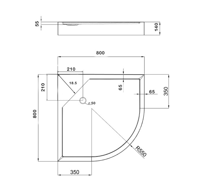 Lidz Душовий піддон KAPIELKA ST80x80x14 низький, напівкруглий, діаметр зливу 52 мм