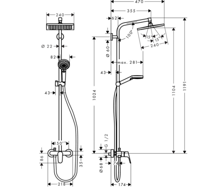 Душова система hansgrohe Crometta E 240 1jet Showerpipe зі змішувачем, 27284000